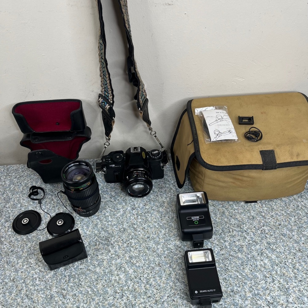 Sears KS Super II 35mm SLR Film Camera 50mm 135mm Lenses Flashes Case Bundle Kit